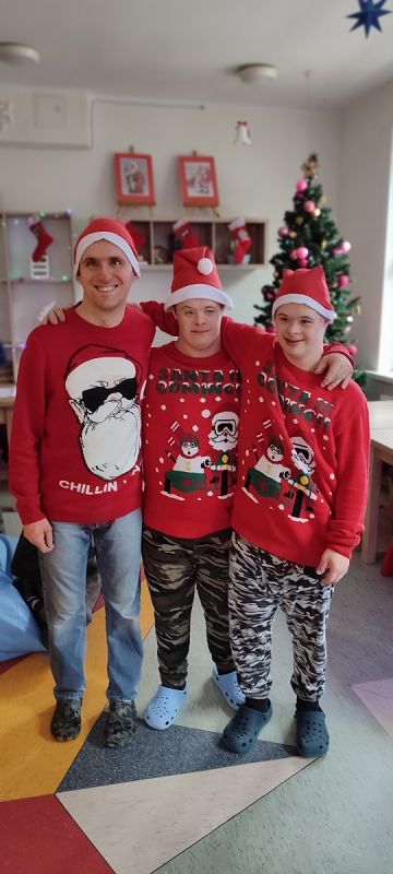 Trzech podopiecznych w świątecznych sweterkach, w tle choinka