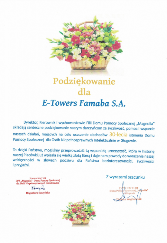Podziękowanie dla E-Towers Famaba S.A. 